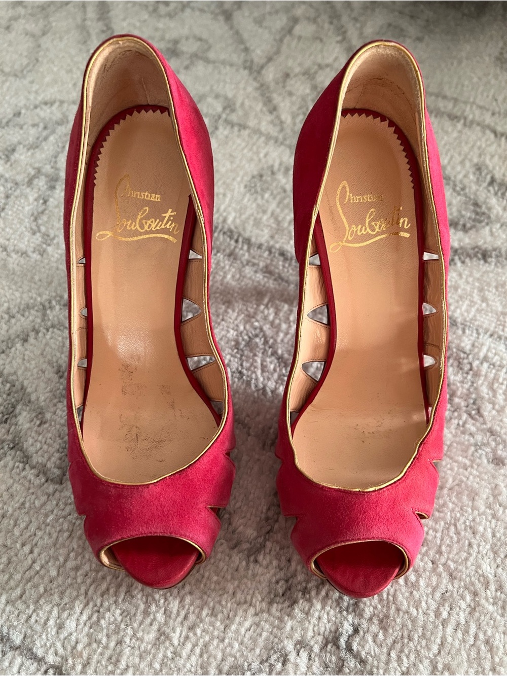 Christian Louboutin Hot Pink Suede Peep-Toe Pumps with Gold Trim